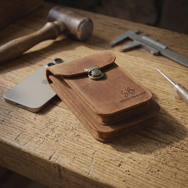 Personalized Crazy Horse Leather Phone Holster, Custom Engraved Double Belt Pouch for Workers