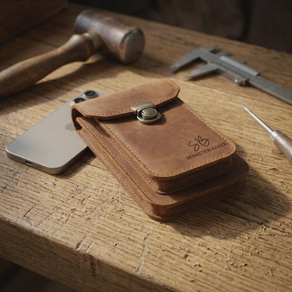 Personalized Crazy Horse Leather Phone Holster, Custom Engraved Double Belt Pouch for Workers