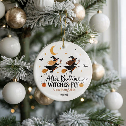 After Bedtime Witches Fly Ornament, Personalized Mom Friends Halloween Gift, Names 2 to 6