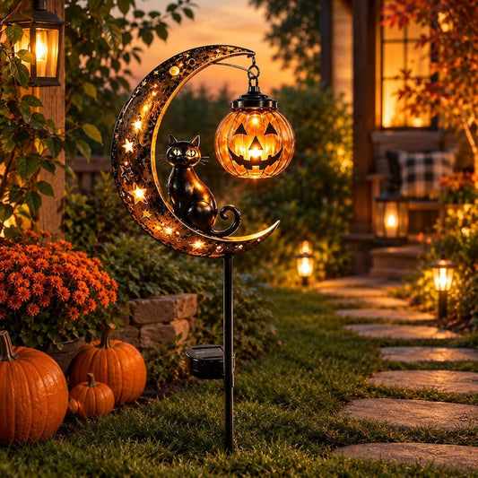 Solar Halloween Pumpkin Moon Skeleton Garden Stake Light – Spooky Outdoor Yard Decoration