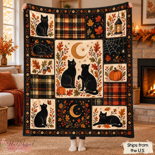 Black Cat Halloween Flannel Blanket,Vintage Fall Patchwork Throw,Pumpkin Moon Plaid Blanket,Spooky Autumn Cottagecore Decor,Cat Lover Gift