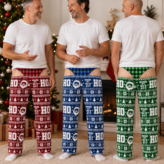Funny Where My Ho’s At Pajama Pants, Santa Ho Ho Christmas Pattern PJs for Men, Fake Underwear Illusion, White Elephant Gift