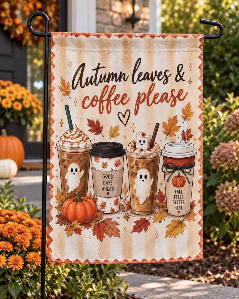 Fall Garden Flag, Autumn Coffee Please, Ghost Pumpkin Yard Decor, Polyester Flag