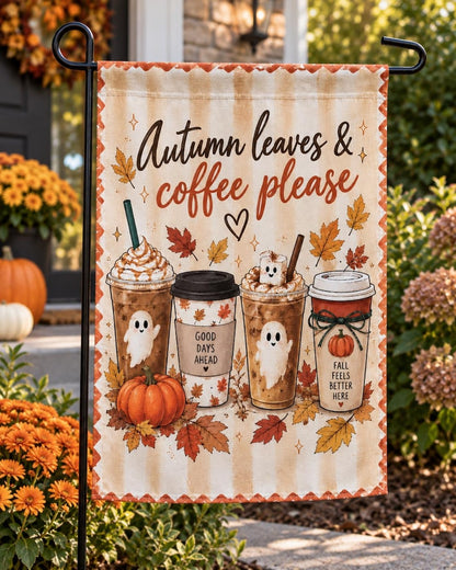Fall Garden Flag, Autumn Coffee Please, Ghost Pumpkin Yard Decor, Polyester Flag