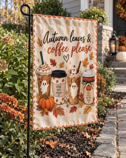 Fall Garden Flag, Autumn Coffee Please, Ghost Pumpkin Yard Decor, Polyester Flag