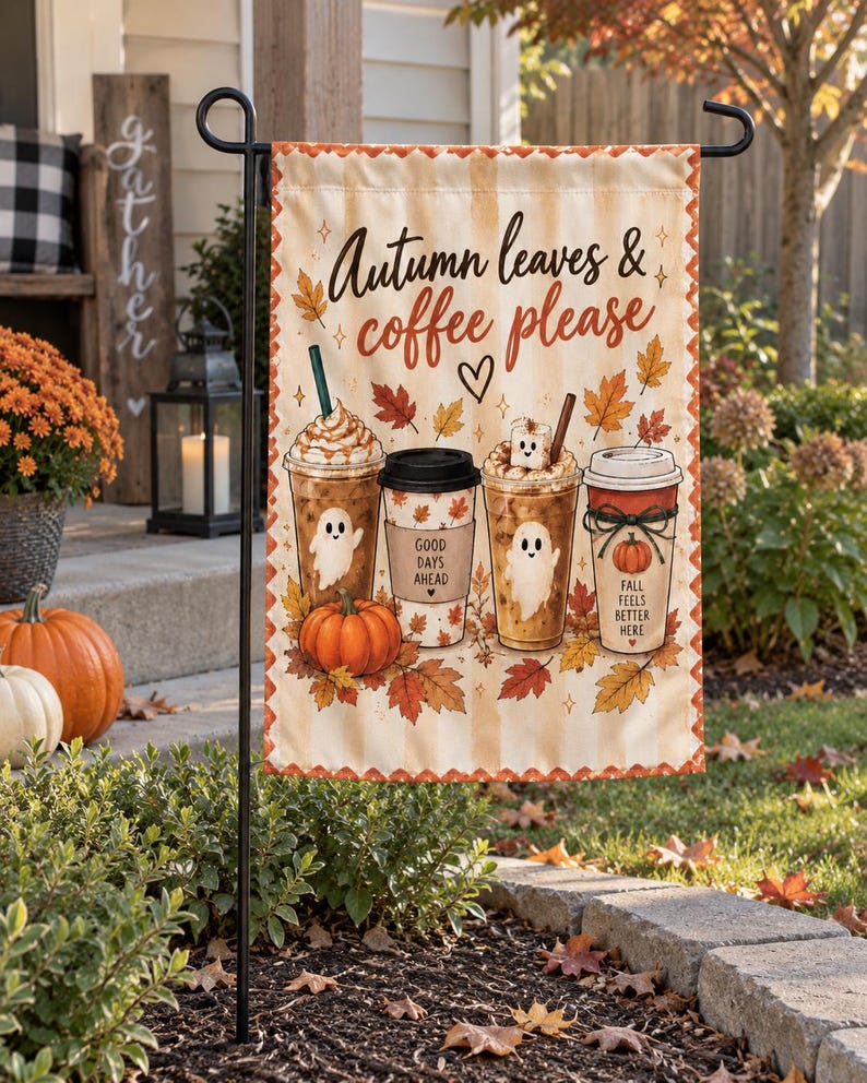 Fall Garden Flag, Autumn Coffee Please, Ghost Pumpkin Yard Decor, Polyester Flag
