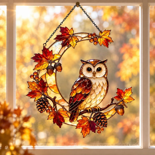 Fall Owl Moon Acrylic Suncatcher, Maple Leaves Woodland Owl Window Hanging, Thanksgiving GIft For Nature Lovers, Fall Home Decor