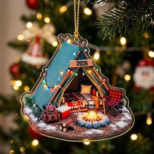 Personalized Camping Tent Christmas Ornament, Custom Name Campfire Tent Tree Decor, Camper Gift, Acrylic Keepsake