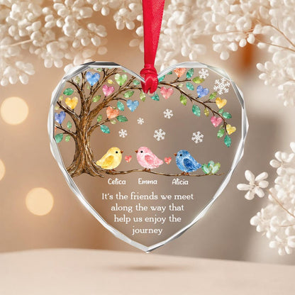 Personalized Friend Ornament, Friendship Keepsake Sea Glass Birds Art Heart