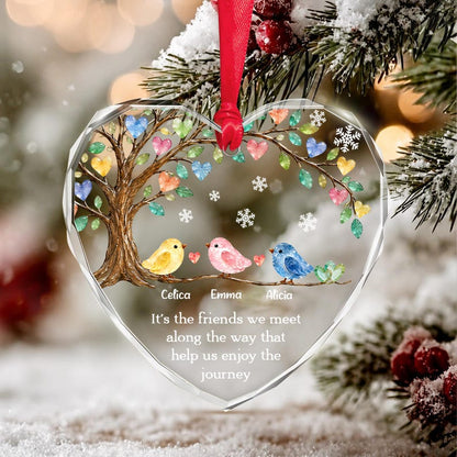 Personalized Friend Ornament, Friendship Keepsake Sea Glass Birds Art Heart