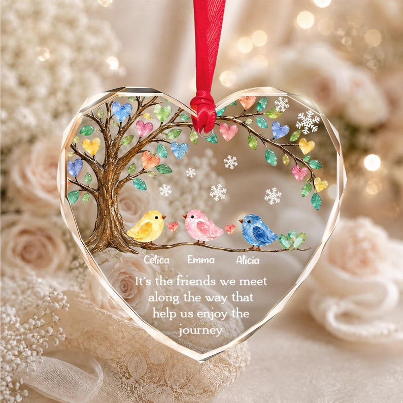 Personalized Friend Ornament, Friendship Keepsake Sea Glass Birds Art Heart