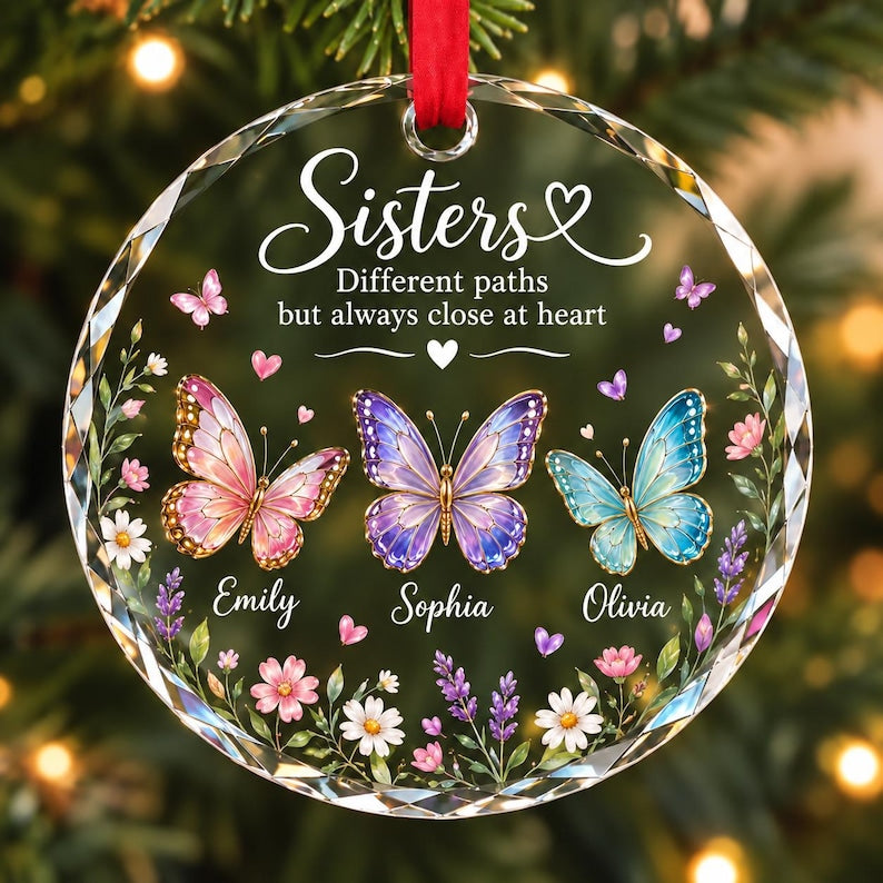 Personalized Sisters Butterfly Glass Ornament, Custom Name Sister Christmas Gift, Soul Sister Best Friend Keepsake