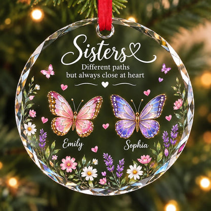 Personalized Sisters Butterfly Glass Ornament, Custom Name Sister Christmas Gift, Soul Sister Best Friend Keepsake