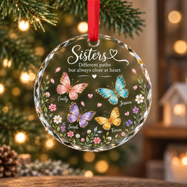 Personalized Sisters Butterfly Glass Ornament, Custom Name Sister Christmas Gift, Soul Sister Best Friend Keepsake