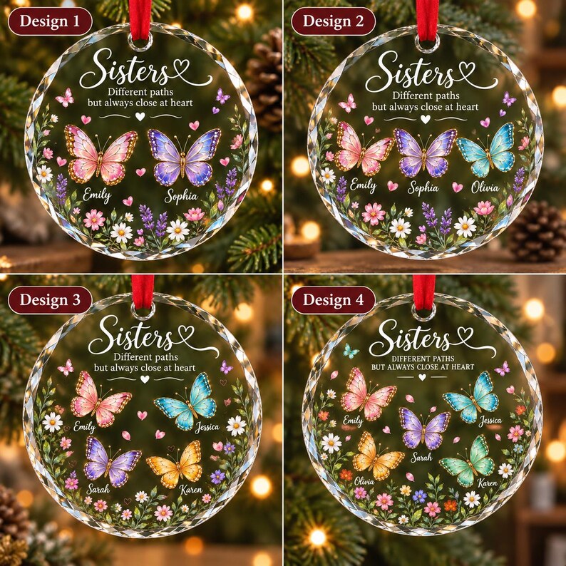 Personalized Sisters Butterfly Glass Ornament, Custom Name Sister Christmas Gift, Soul Sister Best Friend Keepsake