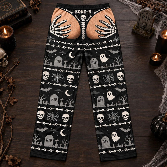 Halloween Pajama Pants, Skeleton Skull Print Lounge Pants for Adults