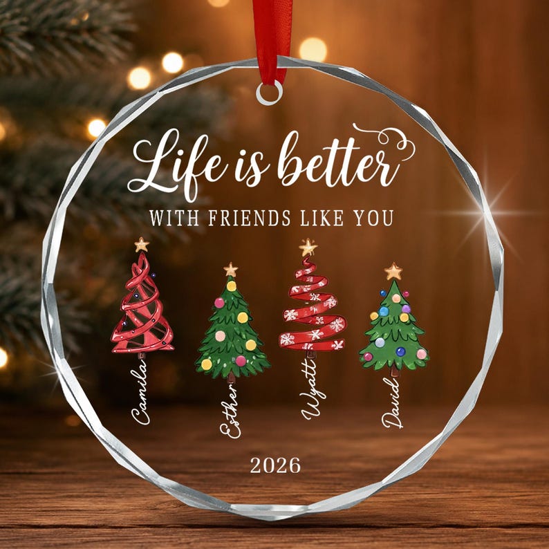 Personalized Brother & Sisters Siblings Christmas Tree Circle Glass Ornament