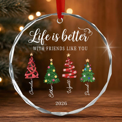 Personalized Brother & Sisters Siblings Christmas Tree Circle Glass Ornament