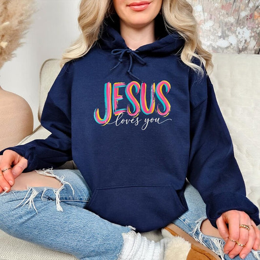 Jesus Loves You Hoodie, Christian Colorful Faith Hoodie, Retro Christian Pullover, Bible Verse Top