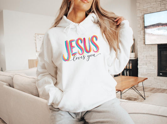 Jesus Loves You Hoodie, Christian Colorful Faith Hoodie, Retro Christian Pullover, Bible Verse Top