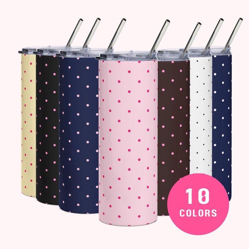 Insulated Polka Dot Water Bottle 20oz Stainless Steel Travel Tumbler with Reusable Metal Straw