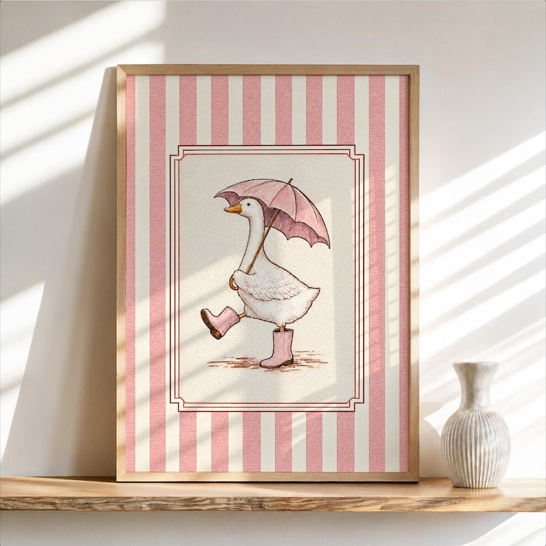 Silly Goose & Umbrella Print, Duck in Rain Boots Poster, Whimsical Girly Wall Art, Cute Striped Animal Panel, Funny Nursery Bathroom Decor