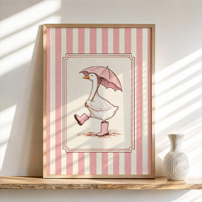 Silly Goose & Umbrella Print, Duck in Rain Boots Poster, Whimsical Girly Wall Art, Cute Striped Animal Panel, Funny Nursery Bathroom Decor