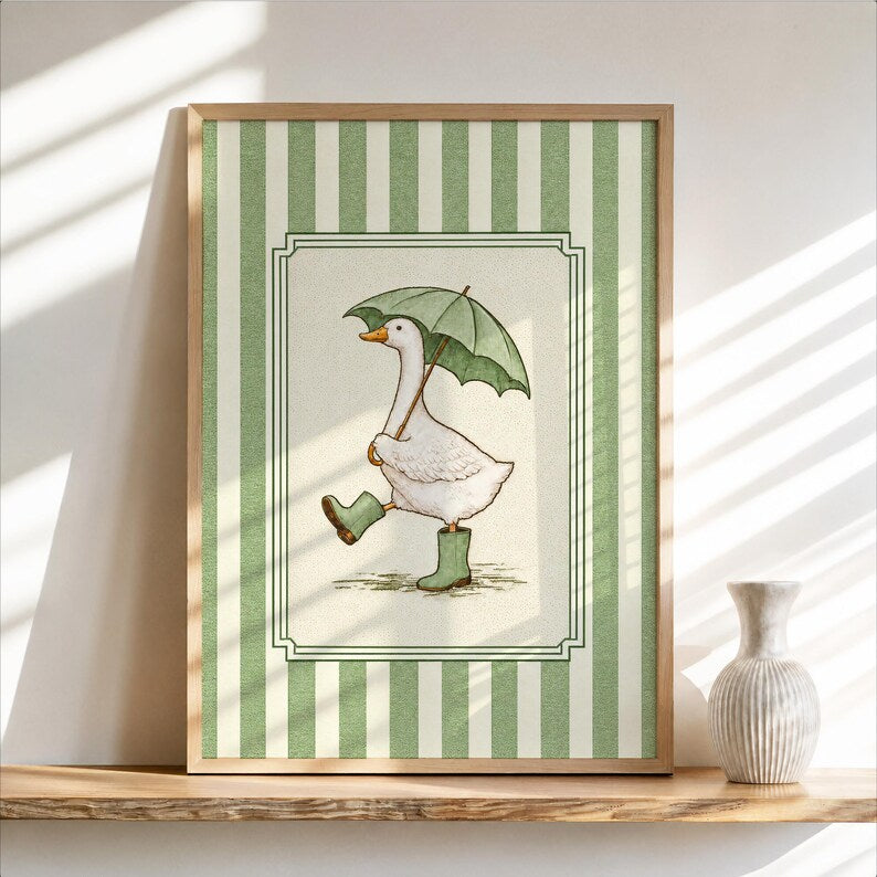 Silly Goose & Umbrella Print, Duck in Rain Boots Poster, Whimsical Girly Wall Art, Cute Striped Animal Panel, Funny Nursery Bathroom Decor