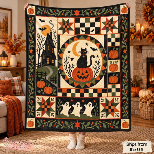 Halloween Patchwork Print Blanket, Black Cat Pumpkin Throw, Vintage Style Haunted House and Ghost Design, Rustic Autumn Farmhouse Home Decor