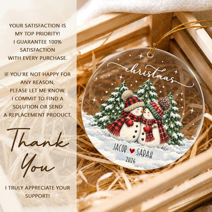 Personalized Couple Name Glass Ornament, Vintage Snowman Christmas Tree Keepsake
