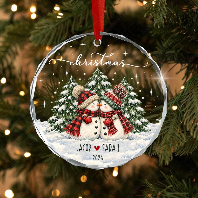Personalized Couple Name Glass Ornament, Vintage Snowman Christmas Tree Keepsake