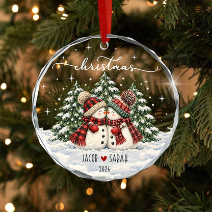 Personalized Couple Name Glass Ornament, Vintage Snowman Christmas Tree Keepsake