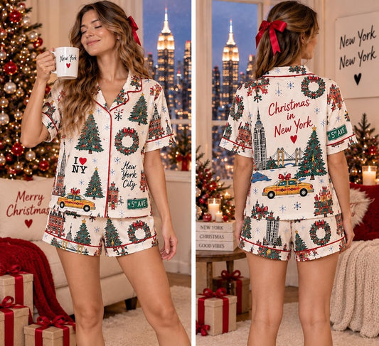 Women’s Christmas in New York Satin Pajama Set, NYC Holiday Tree , Empire State Building Print, Short & Long Sleeve Sleepwear