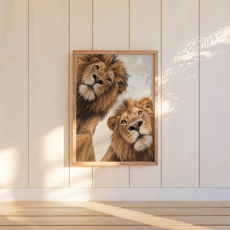 Lion Couple Wall Art, Whimsical Mid Century Print, Safari Jungle Nursery Decor, African Wildlife Poster