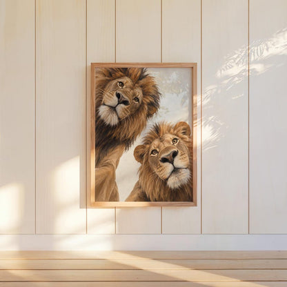 Lion Couple Wall Art, Whimsical Mid Century Print, Safari Jungle Nursery Decor, African Wildlife Poster