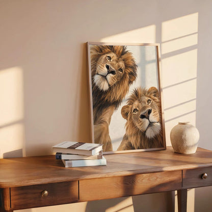 Lion Couple Wall Art, Whimsical Mid Century Print, Safari Jungle Nursery Decor, African Wildlife Poster