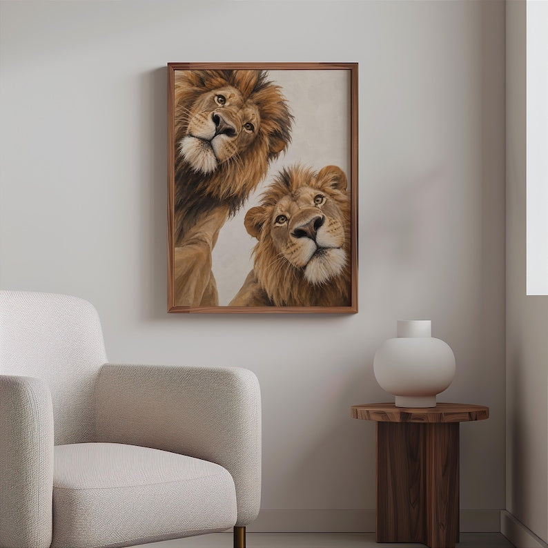 Lion Couple Wall Art, Whimsical Mid Century Print, Safari Jungle Nursery Decor, African Wildlife Poster