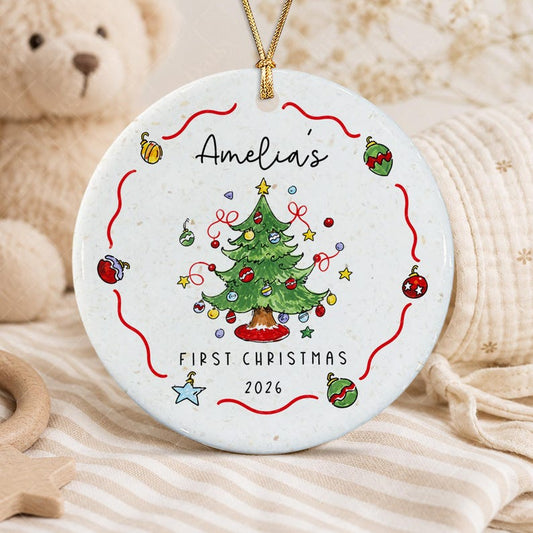 Personalized Baby's First Christmas Ornament, Newborn Name Whimsical Pine Tree Keepsake
