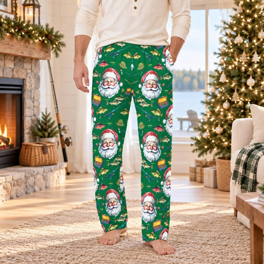 Santa Fishing Pajama Pants for Men, Christmas Pajamas, Fisherman Gift for Husband Dad Grandpa, Green Holiday Lounge Pants