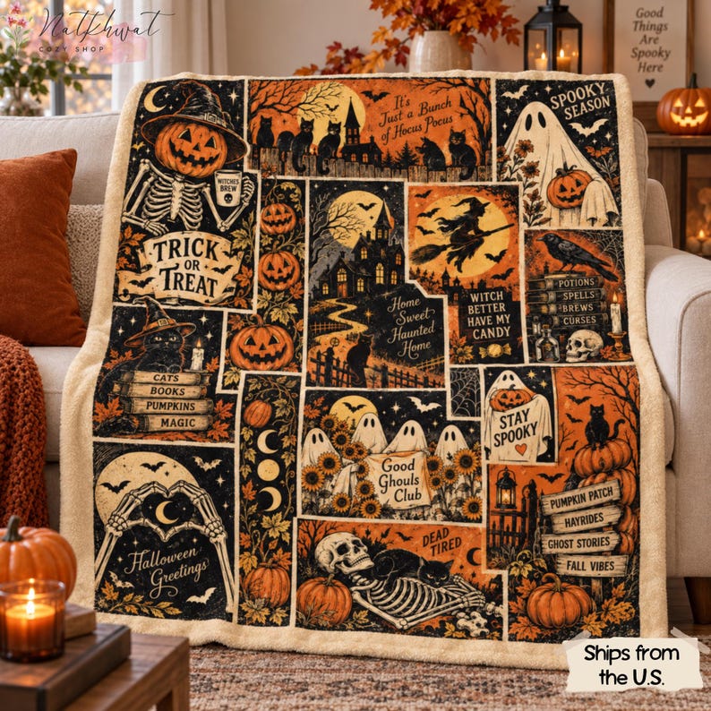 Retro Halloween Blanket, Spooky Ghost Cat Pumpkin Patchwork Throw, Witch Skeleton Flannel Fleece, Vintage Fall Home Decor, Cozy Gift for Her