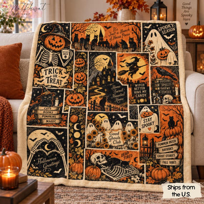 Retro Halloween Blanket, Spooky Ghost Cat Pumpkin Patchwork Throw, Witch Skeleton Flannel Fleece, Vintage Fall Home Decor, Cozy Gift for Her