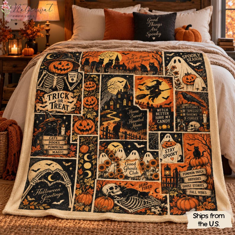 Retro Halloween Blanket, Spooky Ghost Cat Pumpkin Patchwork Throw, Witch Skeleton Flannel Fleece, Vintage Fall Home Decor, Cozy Gift for Her