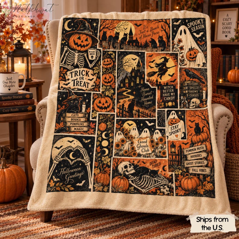 Retro Halloween Blanket, Spooky Ghost Cat Pumpkin Patchwork Throw, Witch Skeleton Flannel Fleece, Vintage Fall Home Decor, Cozy Gift for Her