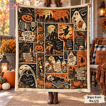 Retro Halloween Blanket, Spooky Ghost Cat Pumpkin Patchwork Throw, Witch Skeleton Flannel Fleece, Vintage Fall Home Decor, Cozy Gift for Her