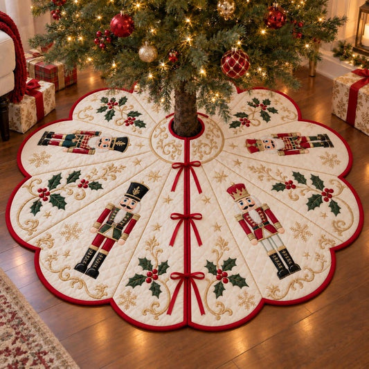 Quilted Nutcracker Christmas Tree Skirt, Vintage Cream Xmas Tree Mat, Holly Berry Tree Skirt, Traditional Holiday Living Room Decor, Gift