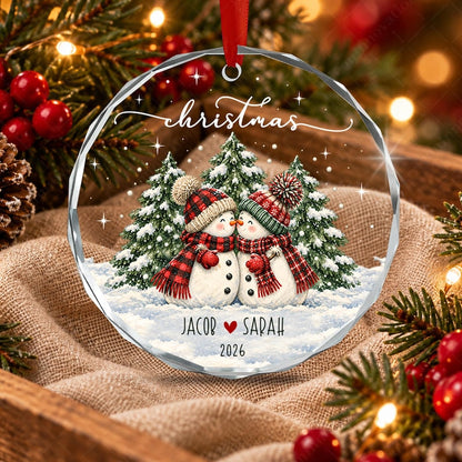 Personalized Couple Name Glass Ornament, Vintage Snowman Christmas Tree Keepsake