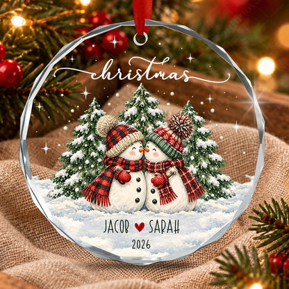 Personalized Couple Name Glass Ornament, Vintage Snowman Christmas Tree Keepsake