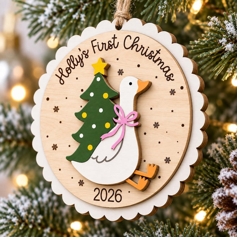 Personalized Baby First Christmas Ornament: Scallop Wooden Goose, Christmas Keepsake