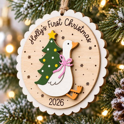 Personalized Baby First Christmas Ornament: Scallop Wooden Goose, Christmas Keepsake