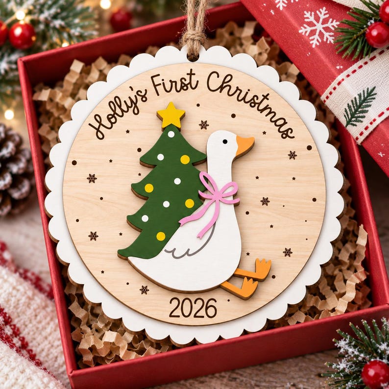 Personalized Baby First Christmas Ornament: Scallop Wooden Goose, Christmas Keepsake